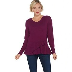 Isaac Mizrahi Live Cashmere Tunic Sweater Mini Dress Purple Large Ruffles V-Neck